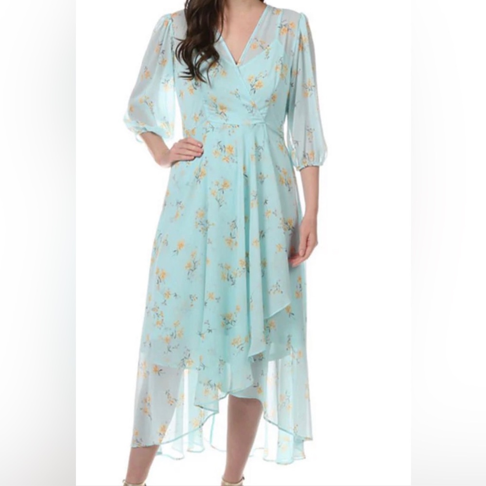 Calvin Klein balloon sleeve midi dress in light aqua